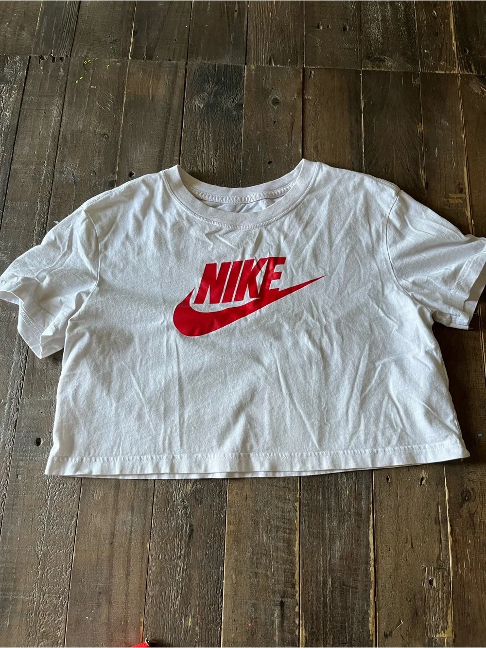 Nike White Cropped Tee with Red Logo Small